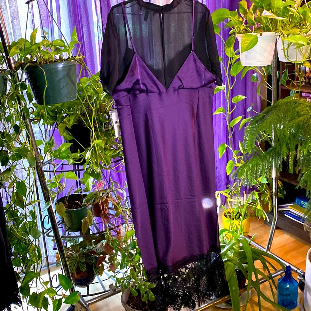 Aubergine and Black slip dress with eyelash lace accents. Size 16. - Picture 3 of 9